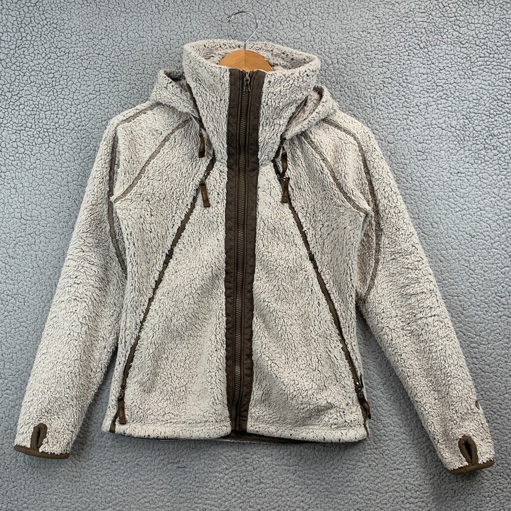 Kuhl Jacket Womens Small Off White Fleece Full Zip Hooded Thumbholes Camp Hike